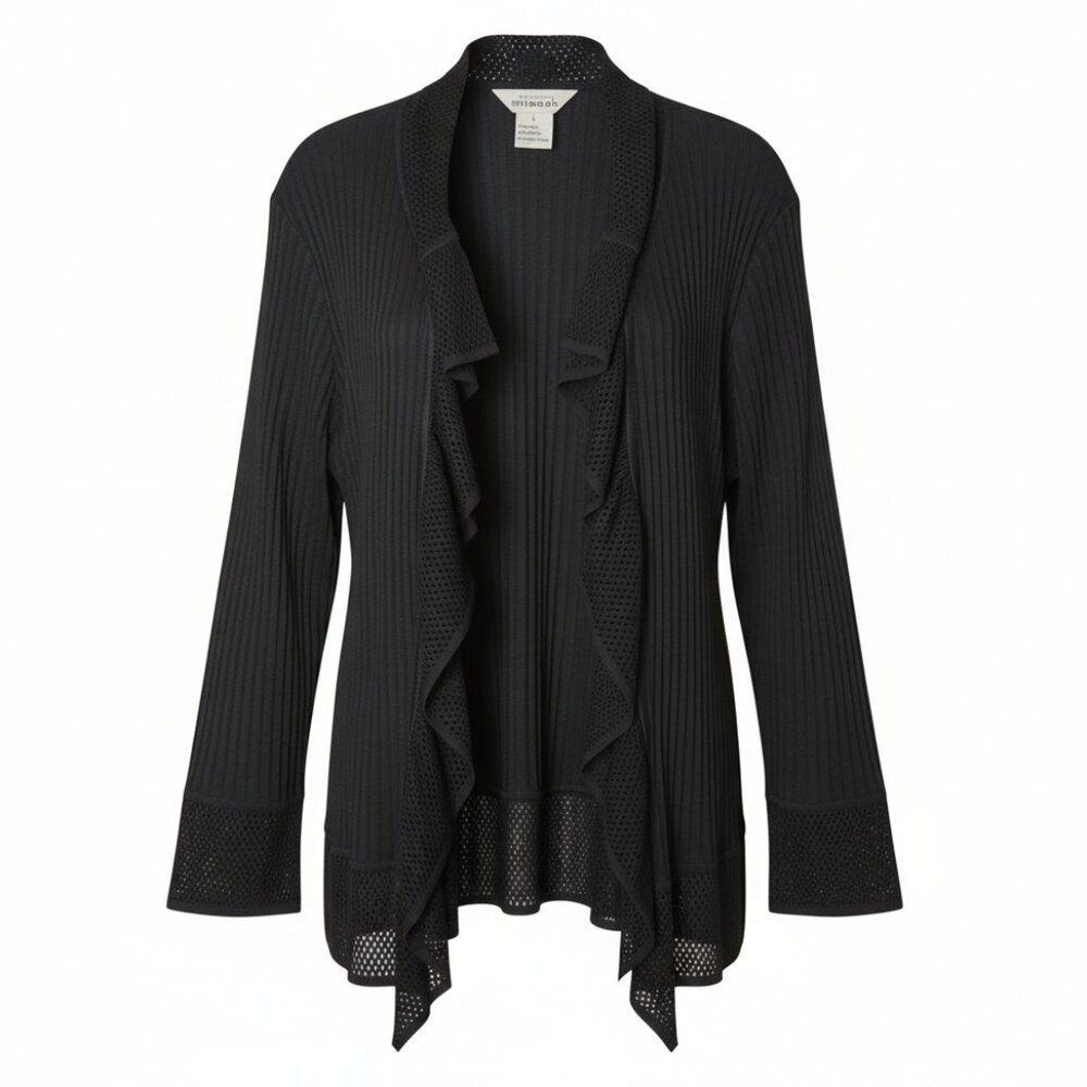 Exclusively Misook Black Textured Knit Open Front Cardigan Ruffle Trim Size L